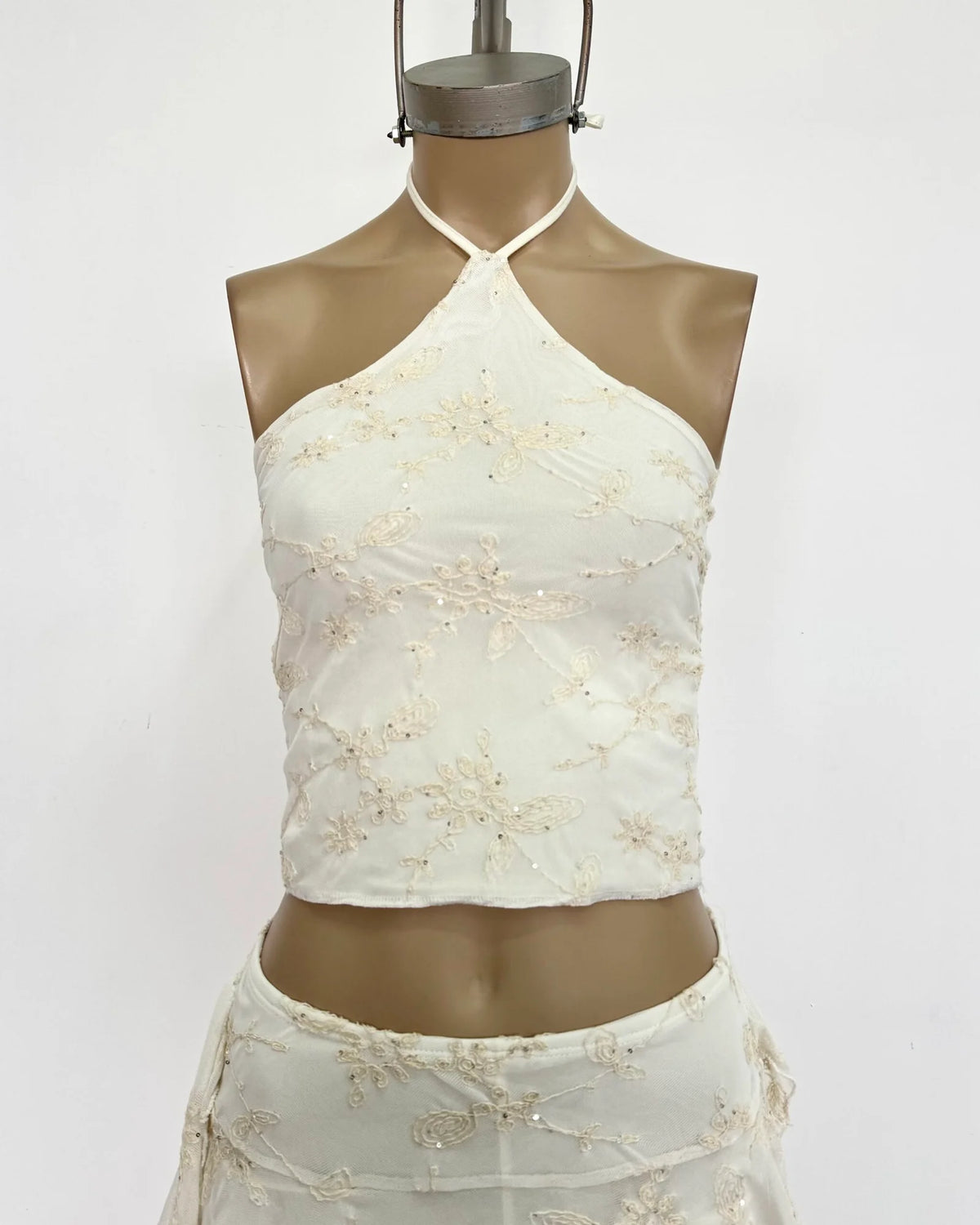 Top halter choker tul hilo bordado north tira para atar cuello