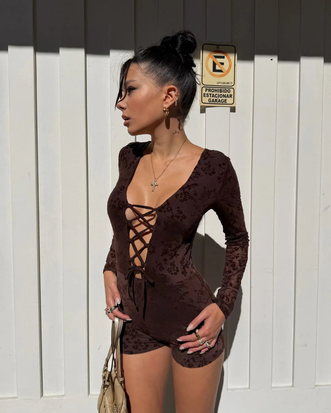 Catsuit tul flock tarsi manga larga pechera con ganchitos cordon