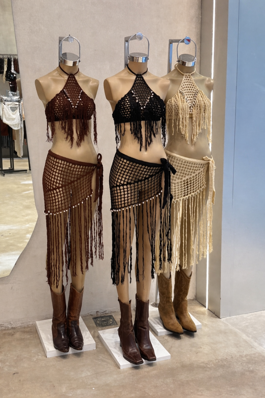 Conjunto crochet top triangulo y falda con flecos