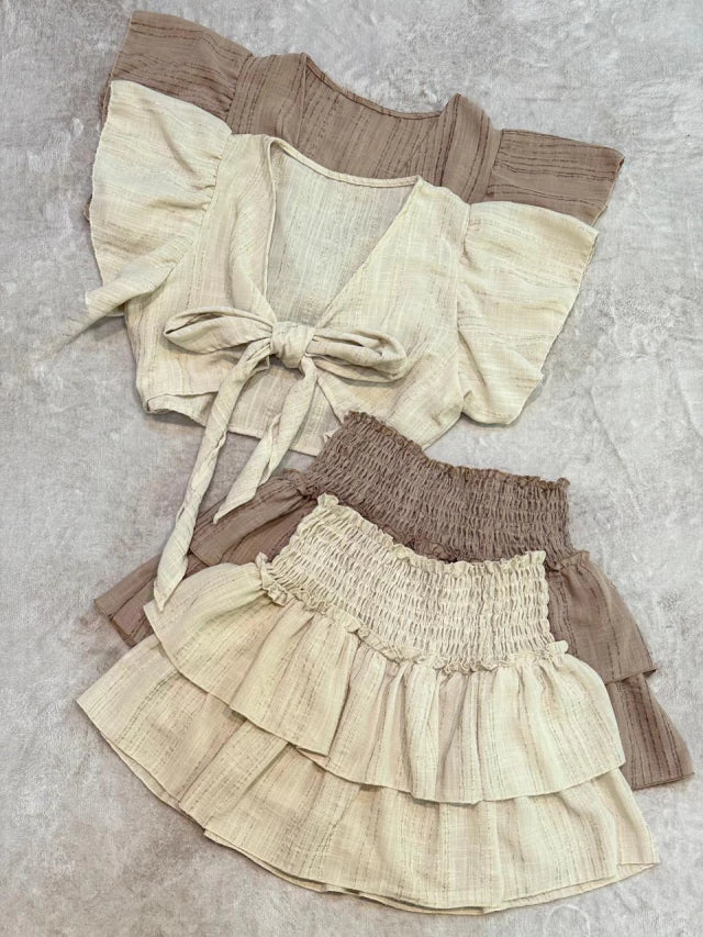 Conjunto top y short pollera simil lino tramado