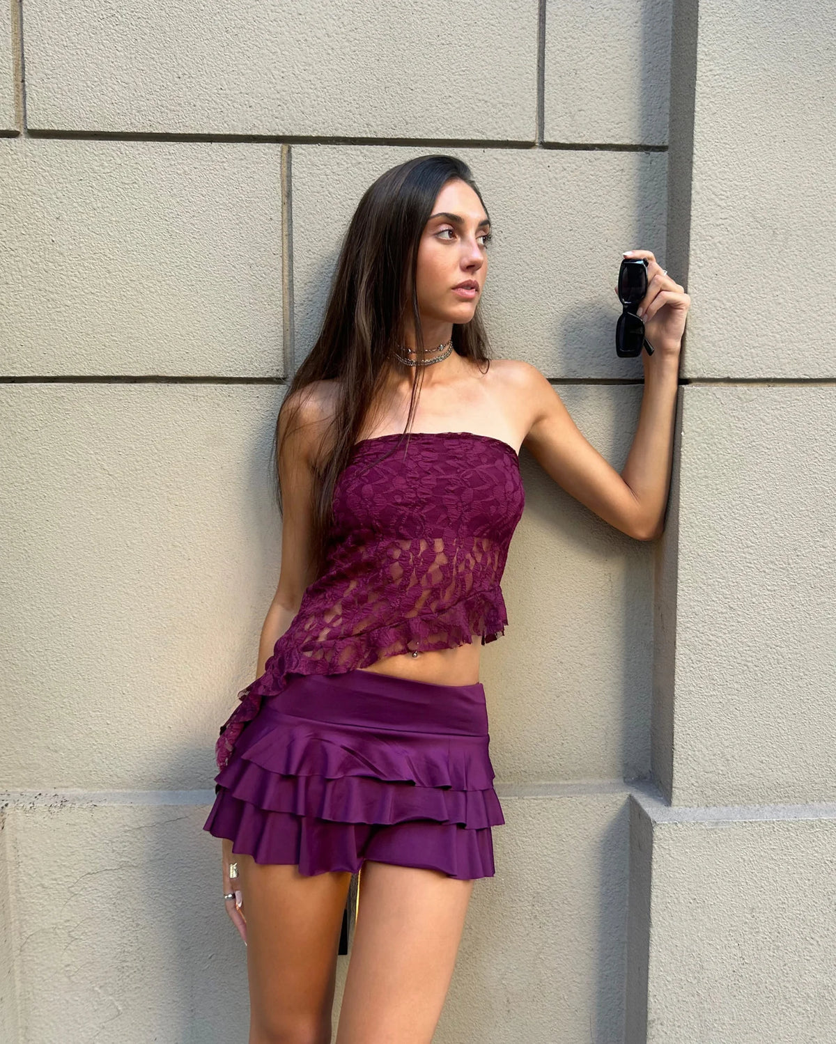 Top bando encaje goya irregular pico con volado caido