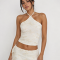 Top halter choker tul hilo bordado north tira para atar cuello