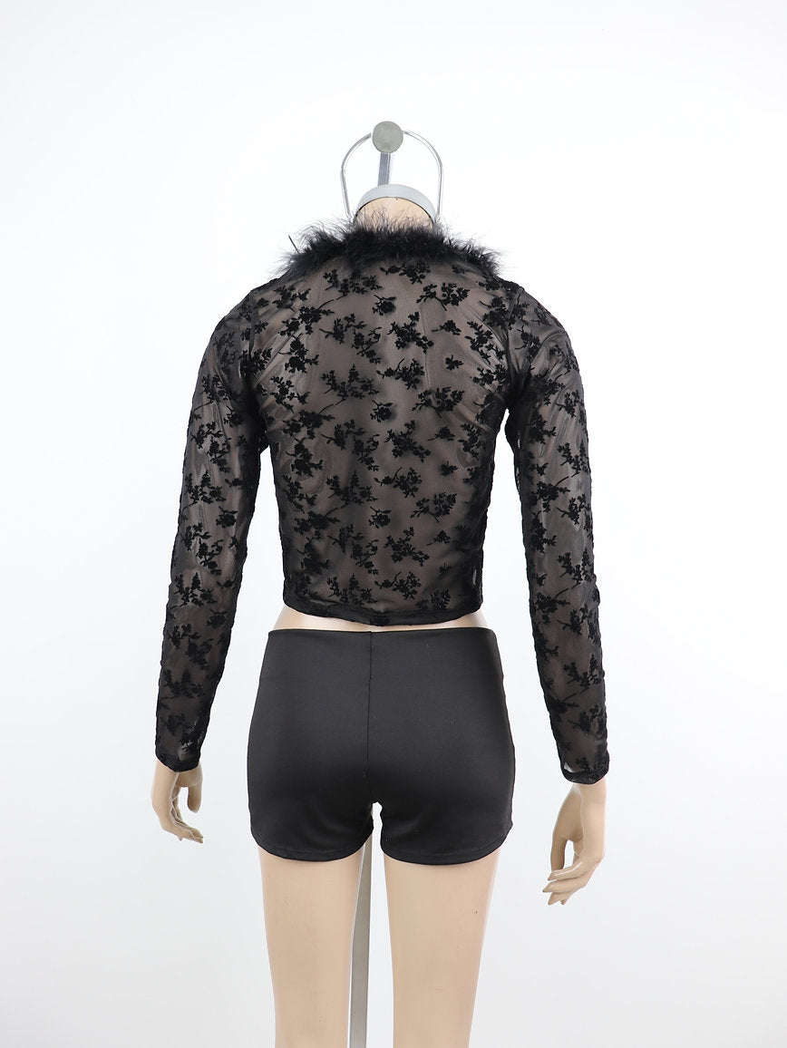 Top tul c/plumas ML p/atar frente