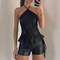Top tull bordado florc uello halter para atar con volado