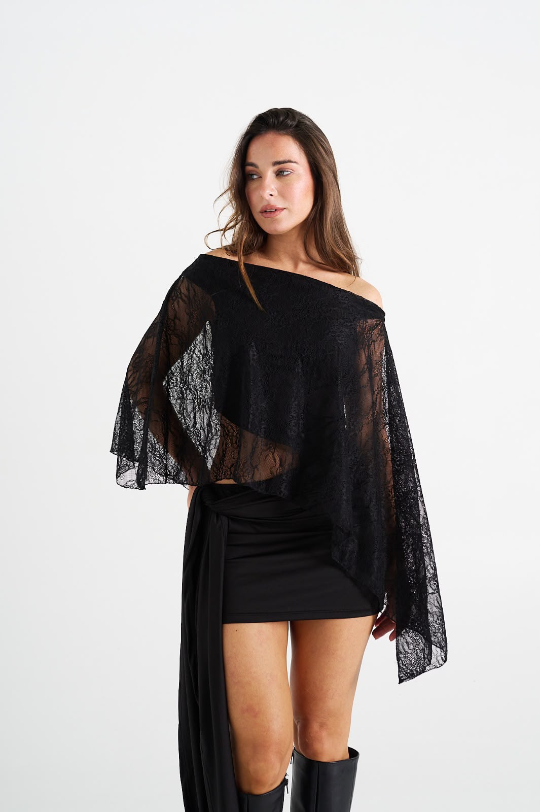 Vestido capa encaje elite con lazo microfibra