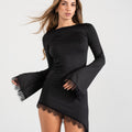Vestido corto en pico ml con puntilla en manga y cintura microfibra
