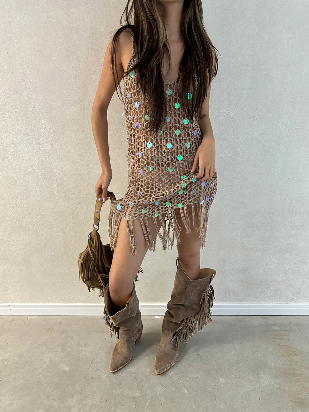Vestido crochette lentejuelas y flecos
