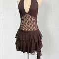 Vestido encaje goya cuello americano para atar con volado lateral